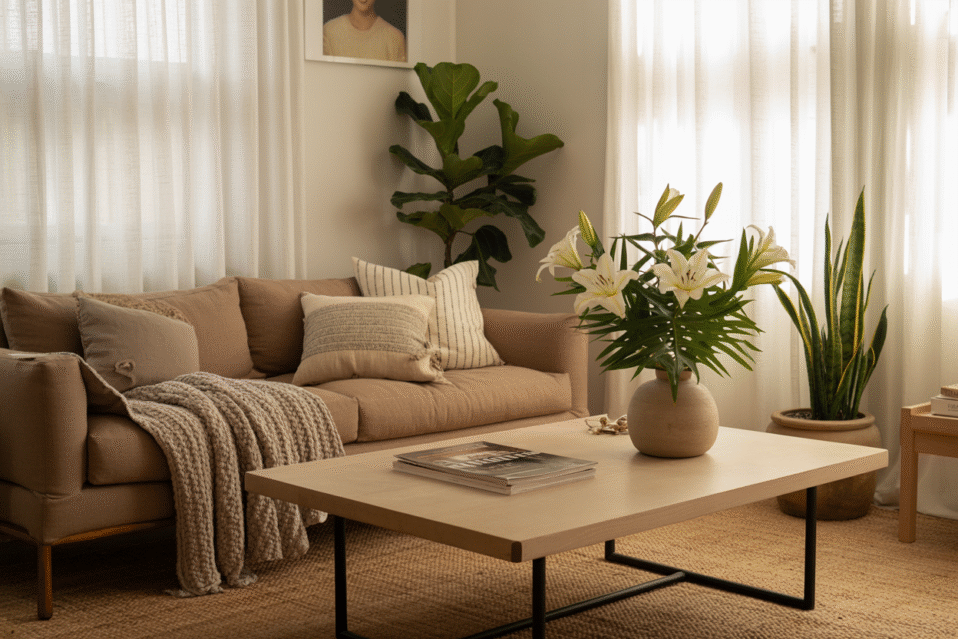 A photograph of a sun drenched living room