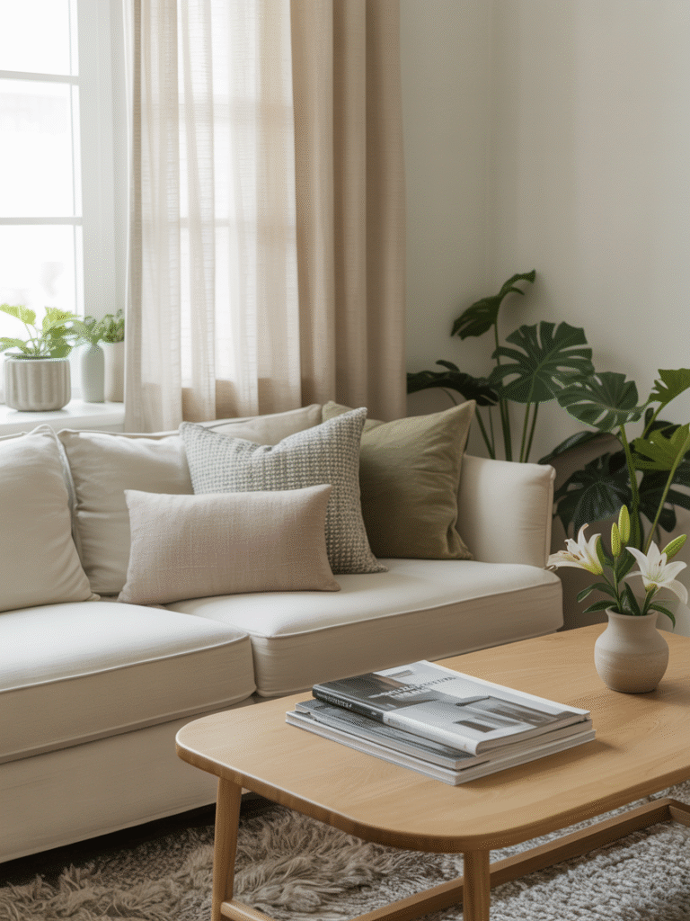 Neutral living room with cream sofa, light oak table, textured pillows, and plants in warm natural light.