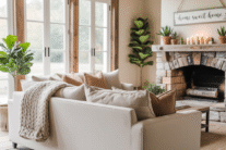 Eco-friendly farmhouse design with reclaimed wood beams, natural light, and sustainable rustic decor