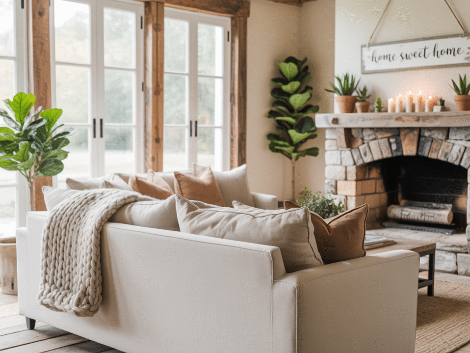 Eco-friendly farmhouse design with reclaimed wood beams, natural light, and sustainable rustic decor