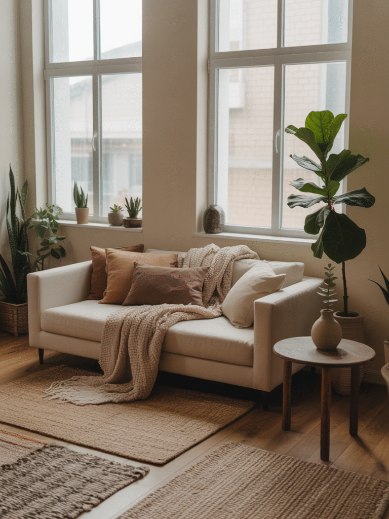 Compact apartment interior with indoor plants, wooden furniture, woven rugs, textured fabrics, natural light, and a warm, cozy atmosphere.