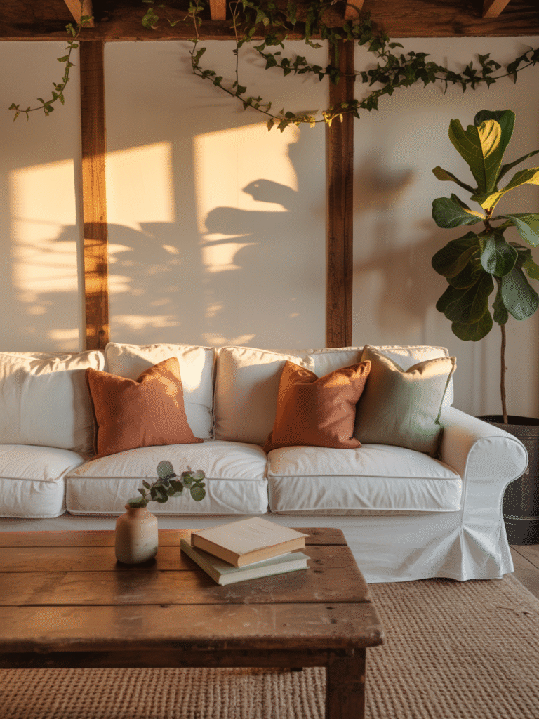 Eco-friendly farmhouse living room with reclaimed wood beams and organic fabrics