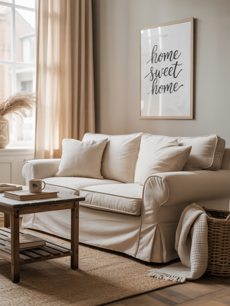 Budget-friendly neutral living room with beige slipcovered sofa, thrifted wooden coffee table, and cream curtains.