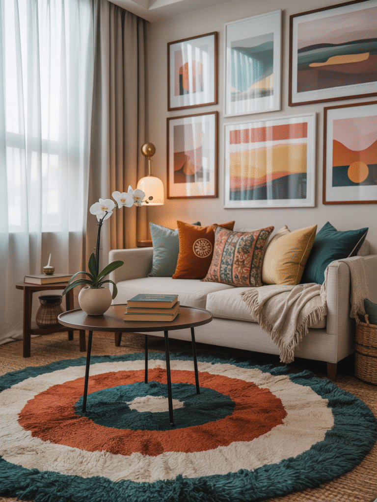 Tiny apartment living area decorated with colorful rug, framed artwork, throw pillows, and personal decor items, adding style and personality.