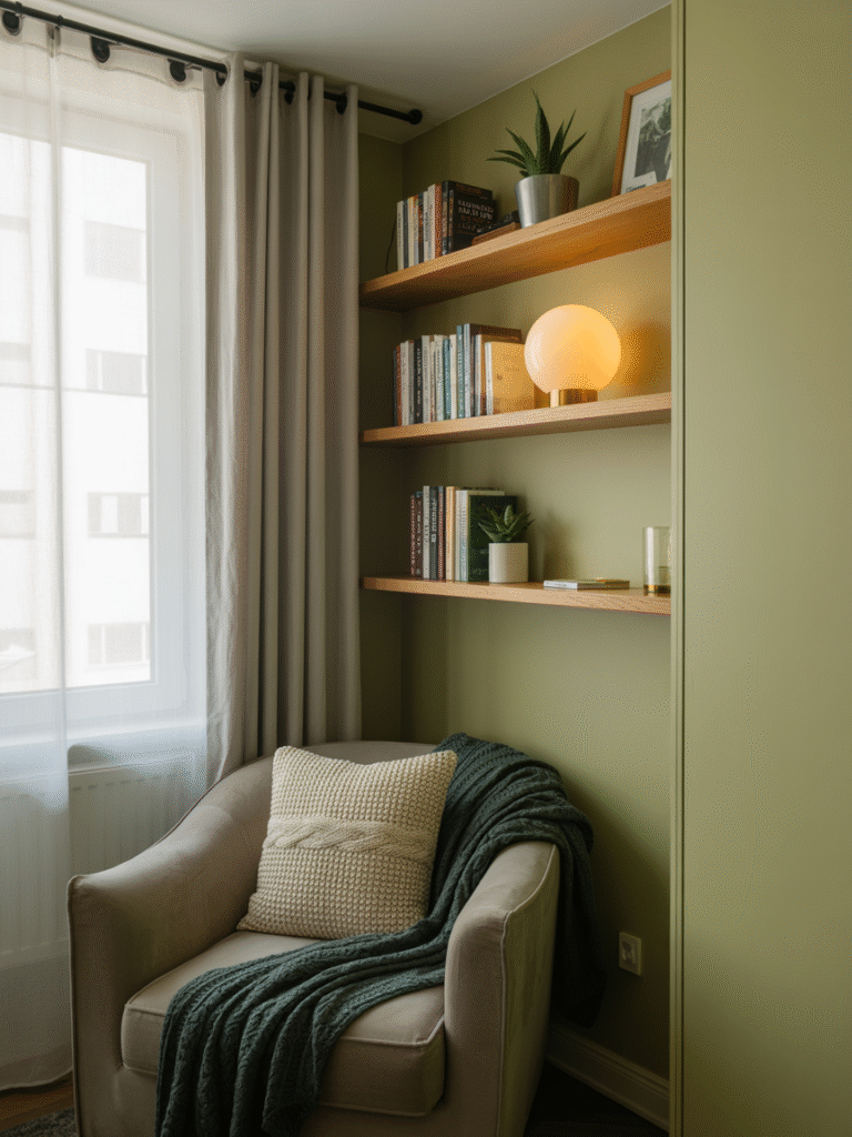Cozy reading nook in a corner of a compact apartment with wall-mounted shelves, comfortable armchair, soft cushions, and natural light.
