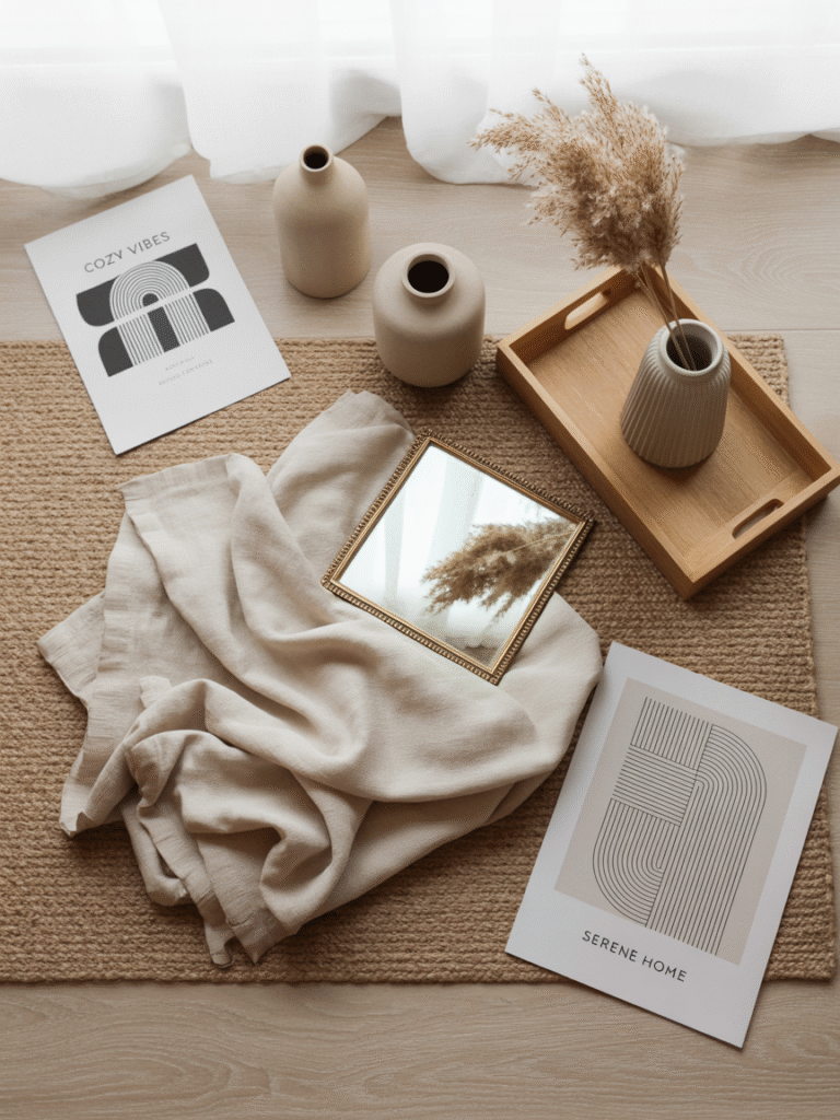 Flat lay of neutral home decor accents including woven rug, linen throw, ceramic vases, and gold-framed mirror.