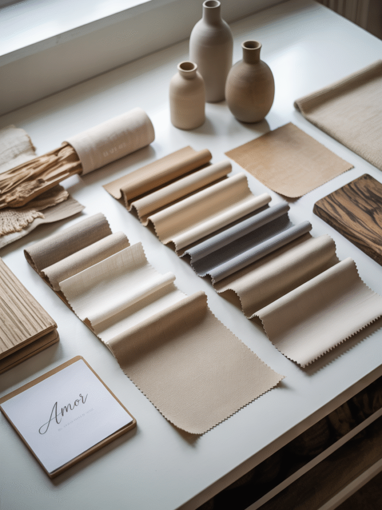Neutral interior design palette board with beige, cream, taupe, and gray fabric swatches and natural materials.