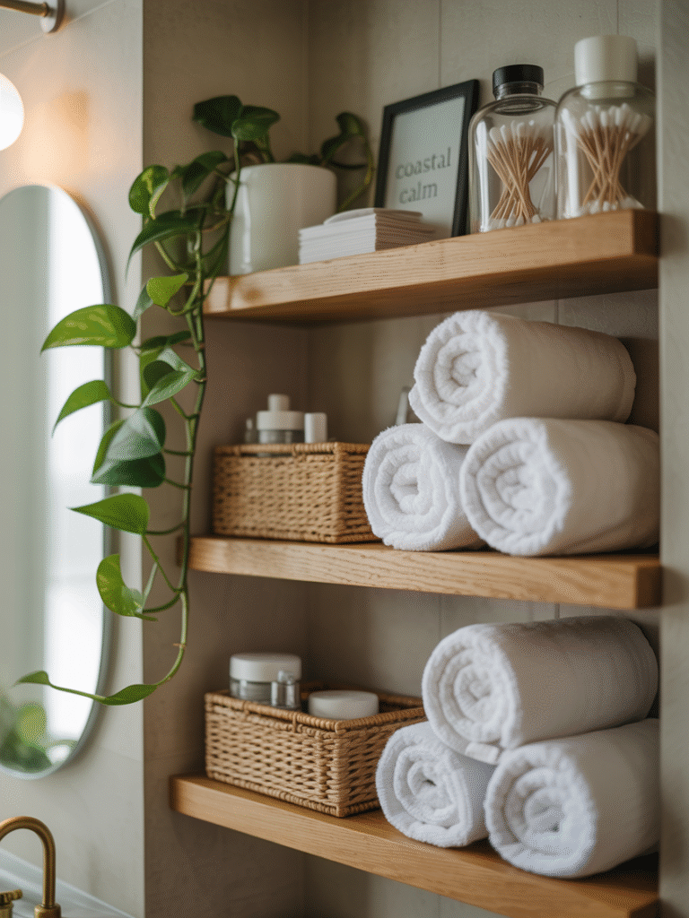 Oak floating shelves styled with woven baskets, rolled towels, glass jars and pothos plant