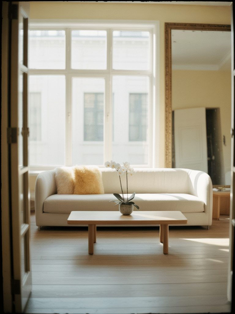 Small living room with large mirror reflecting sunlight, white and pastel-colored walls, light wood floors, and airy minimalist furniture.