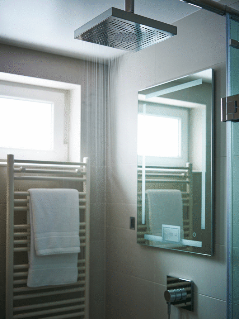 Modern bathroom showing humidity-sensing fan, fog-free LED mirror and heated towel rail
