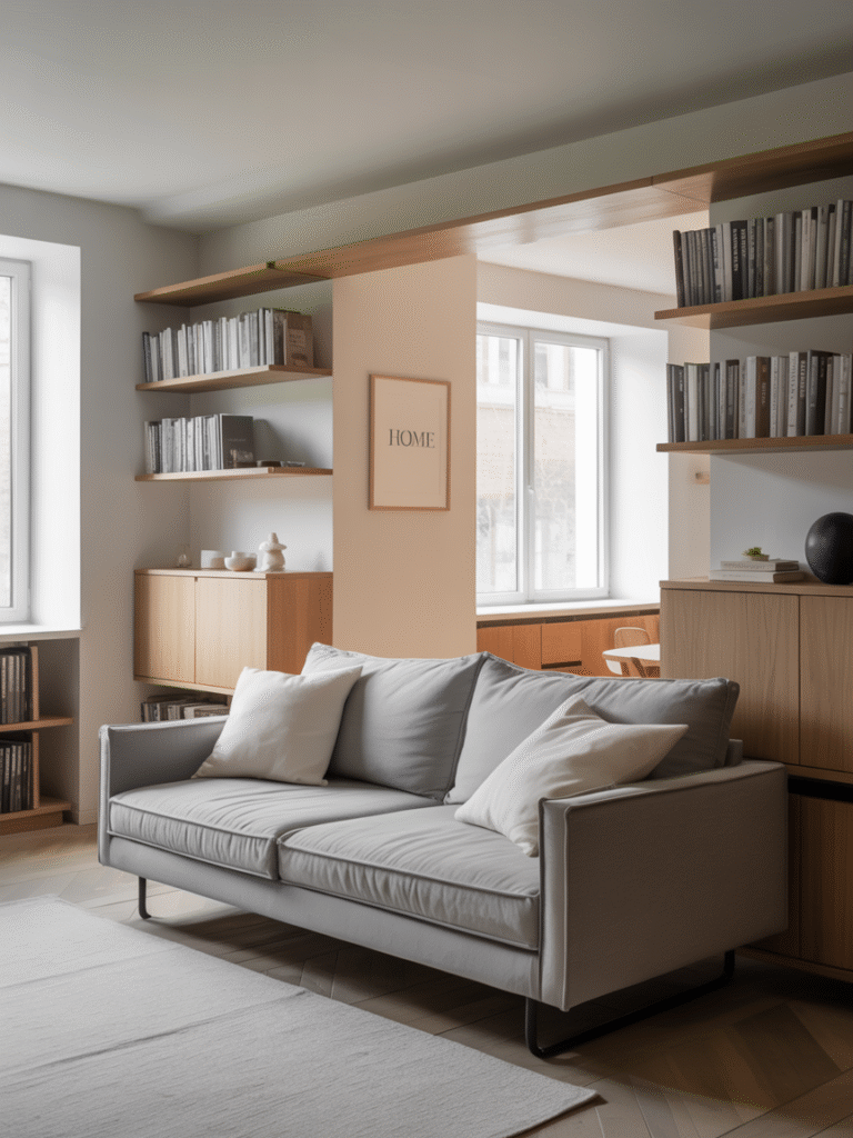 Minimalist small apartment living room with neat shelves, hidden storage, and clean surfaces, keeping the space organized and clutter-free