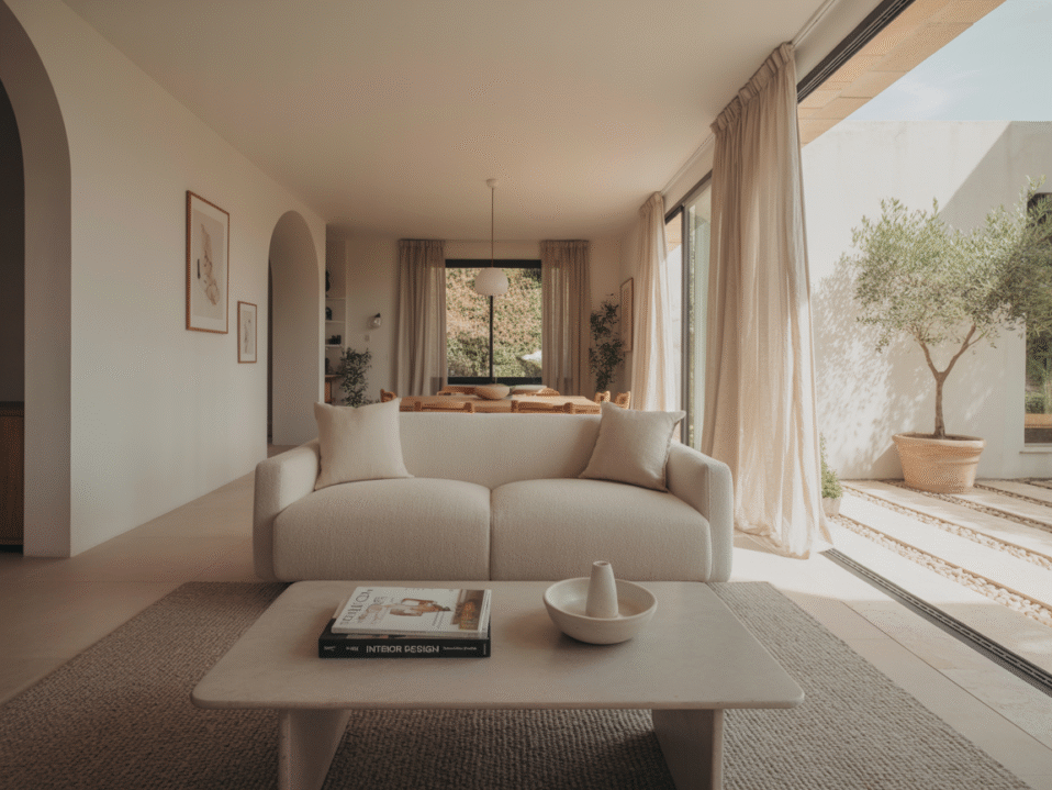 Neutral home decor ideas featuring modern living room and dining space with beige sofa, white walls, and wood accents.