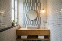 Small bathroom with geometric accent tile focal wall, floating oak vanity and round brass mirror