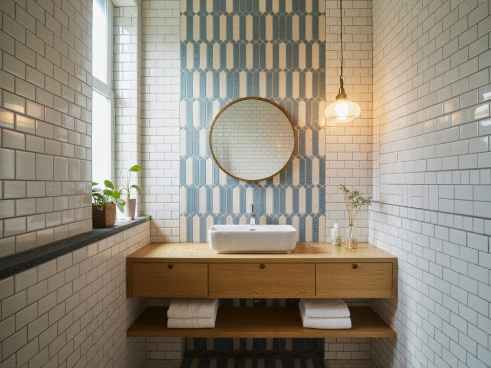 Small bathroom with geometric accent tile focal wall, floating oak vanity and round brass mirror