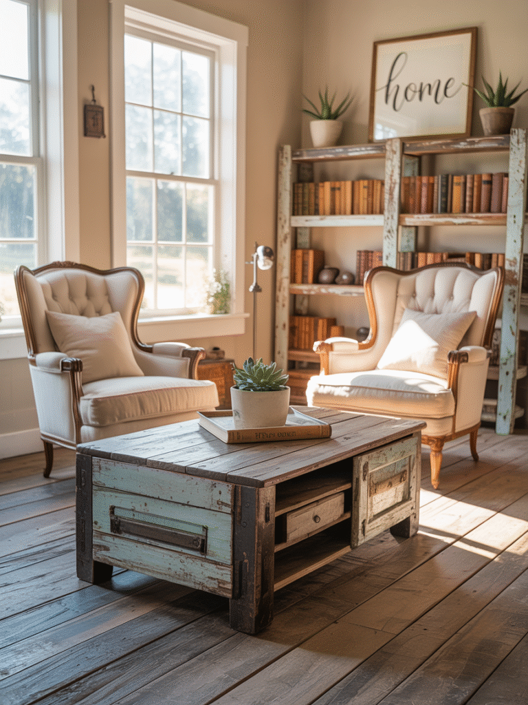 Upcycled wood and vintage furniture in a sustainable farmhouse living room