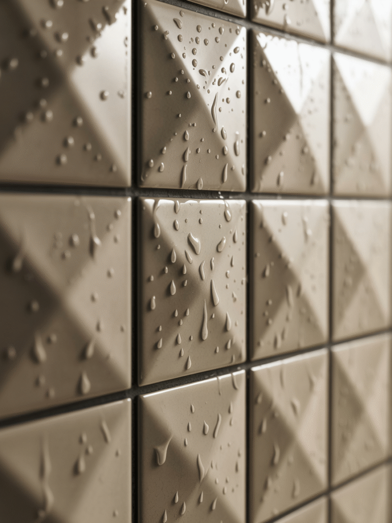 Close-up of textured geometric bathroom tile with dark grout and water droplets