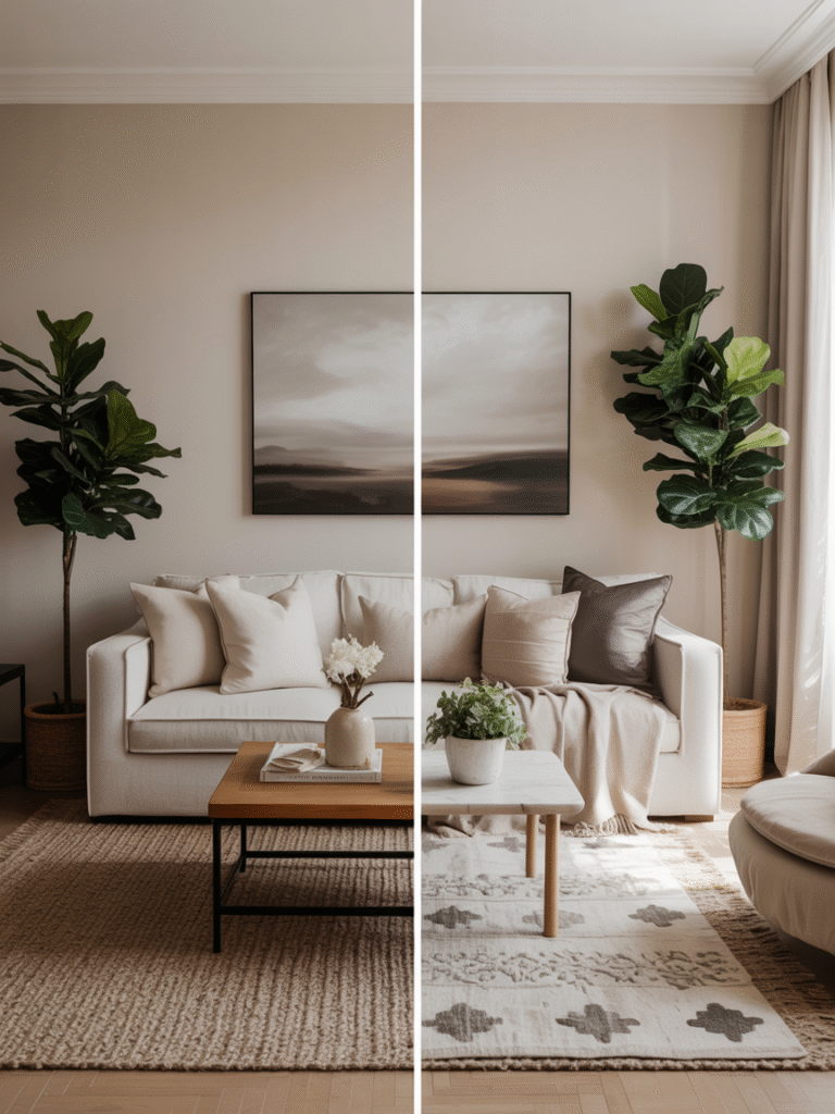 Side-by-side comparison of neutral living rooms, one bland beige design and one with layered textures and greenery.